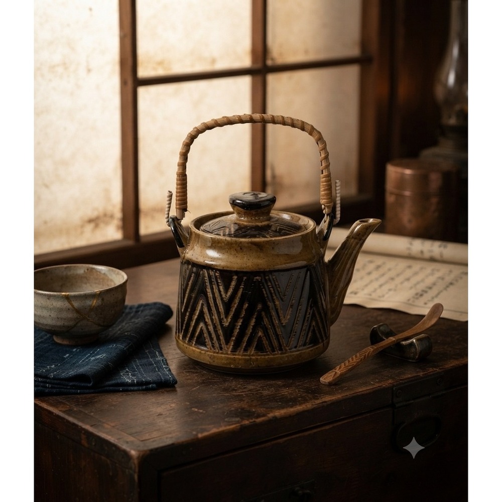 Vintage Japanese Ceramic Teapot Woven Bamboo Handle Brown Geometric MCM Japan